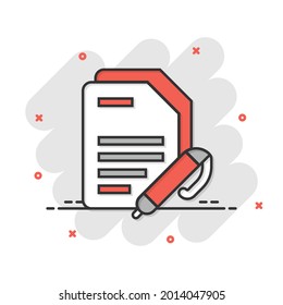 Blogging icon in comic style. Document with pen cartoon vector illustration on white isolated background. Content splash effect business concept.