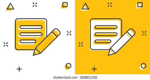 Blogging icon in comic style. Document with pen cartoon vector illustration on white isolated background. Content splash effect business concept.