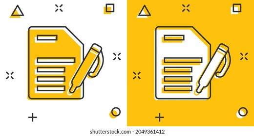Blogging icon in comic style. Document with pen cartoon vector illustration on white isolated background. Content splash effect business concept.