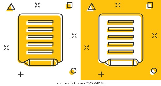 Blogging icon in comic style. Document with pen cartoon vector illustration on white isolated background. Content splash effect business concept.
