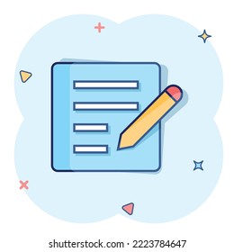 Blogging icon in comic style. Document with pen cartoon vector illustration on white isolated background. Content splash effect business concept.