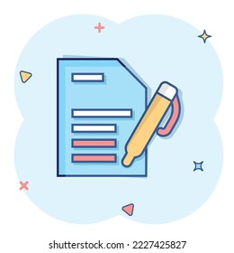 Blogging icon in comic style. Document with pen cartoon vector illustration on white isolated background. Content splash effect business concept.