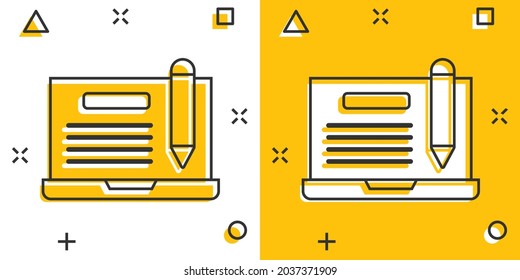 Blogging icon in comic style. Social media communication cartoon vector illustration on white isolated background. Content splash effect business concept.