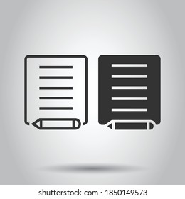 Blogging icon in flat style. Document with pen vector illustration on white isolated background. Content business concept.