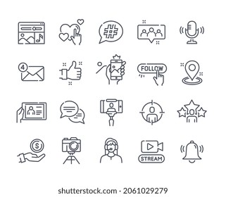 Blogging icon. Minimalistic stickers with video, tripod, monetization, microphone and smartphone. Simple design elements for social networks. Cartoon flat vector set isolated on white background