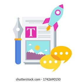 Blogging-Symbol Content Marketing. Planung von Werbekampagnen. Werbeverwaltung. Attraktive Website, relevanter Text und Bilder. Flachvektorbild.
