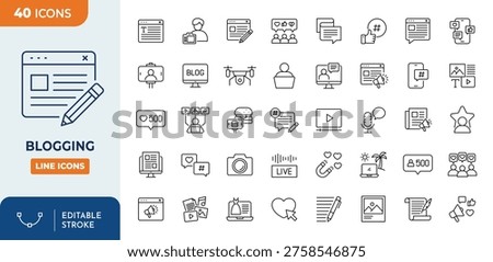 Blogging icon set. contain icons related to content, blogging, influencer, creation, vlogger, social media, digital marketing. and more. Editable stroke. Vector illustration