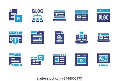 Blogging icon set. Duotone color. Vector illustration. Containing like, blog, blogging, vlog, laptop, article, writing, contentmarketing, monetization.