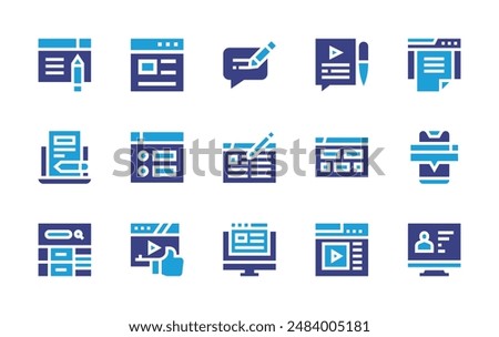 Blogging icon set. Duotone color. Vector illustration. Containing blog, web, blogging, graph, dashboard, comments, browser, copywriter, thumbsup.