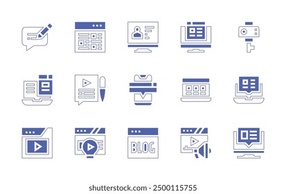 Blogging icon set. Duotone style line stroke and bold. Vector illustration. Containing blog, blogging, graph, post, video, lightbulb, videocamera, website, page, marketing.