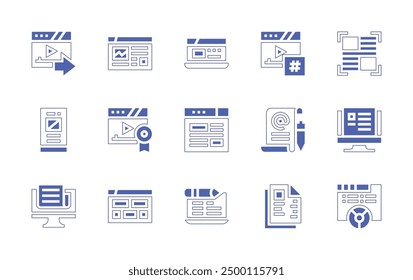 Symbolsatz für Blogging. Duotone Stil Linie Strich und fett. Vektorgrafik. Enthaltend Blog, Inhalt, Blogging, Dashboard, piechart, Zeitung, Auszeichnung, Hashtag, senden, Nachrichten.