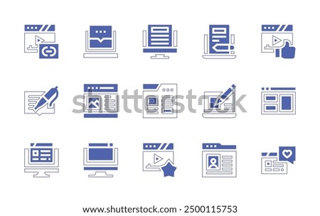 Blogging icon set. Duotone style line stroke and bold. Vector illustration. Containing webdesign, like, blog, comment, article, review, link, content, copywriter, thumbsup, userinterface.