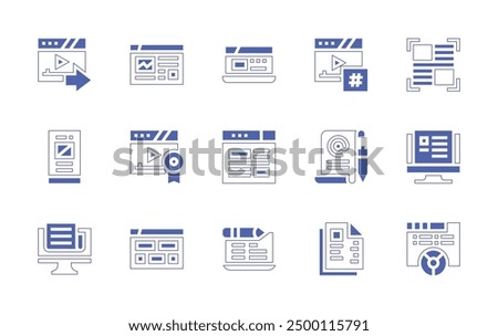 Blogging icon set. Duotone style line stroke and bold. Vector illustration. Containing blog, content, blogging, dashboard, piechart, newspaper, award, hashtag, send, news.
