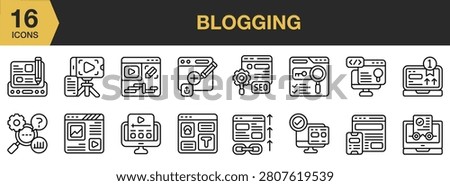 Blogging icon set. Includes articles, posts, content writing, websites, media publishing and More. Outline icons vector collection.