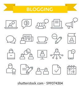 Blogging icon set, thin line, flat design