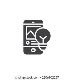 Icono vectorial de idea de blogueo. El teléfono y la lámpara llenan el signo plano para el concepto móvil y el diseño web. Icono de glifo de creación de contenido. Símbolo, ilustración del logotipo. Gráficos vectoriales