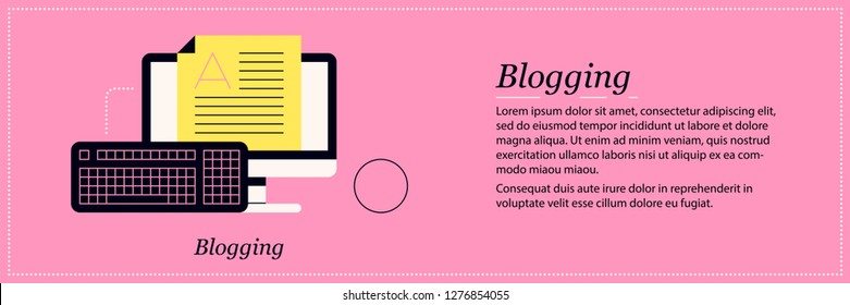 Blogging illustration. Elegant flat style on pink background. Content development, copywriting, text editor.
