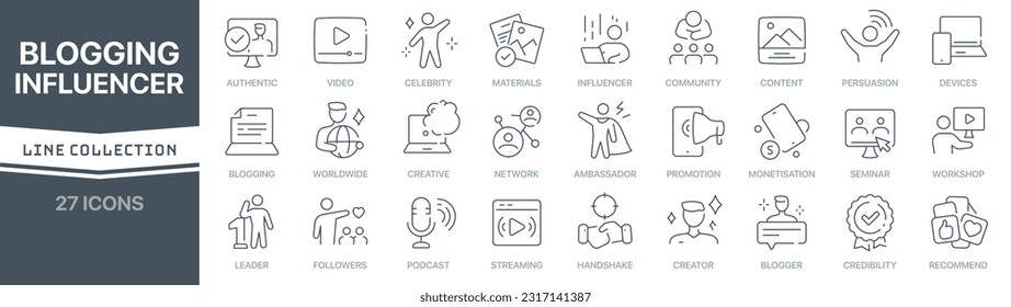 Blogging and influencer linear signed icon collection. Signed thin line icons collection. Set of blogging and influencer simple outline icons