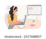 Blogging isolated cartoon vector illustrations. Girl SEO manager working on laptop, doing copywriting, writing articles for blog, typing a text message via a portable netbook vector cartoon.