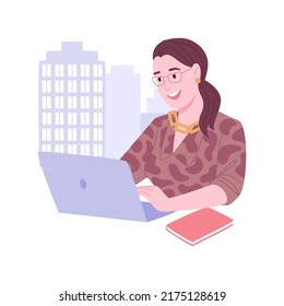 Blogging isolated cartoon vector illustrations. Girl SEO manager working on laptop, doing copywriting, writing articles for blog, typing a text message via a portable netbook vector cartoon.