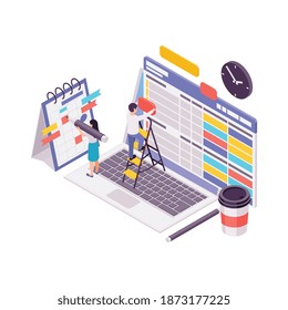 Blogueo de concepto isométrico con diseño de contenido proceso 3d ilustración vectorial