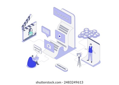 Blogging isometric concept in outline isometry design for web. People creating new content in social media and blogs, posting and sharing video to followers, makes promotion. Vector illustration.