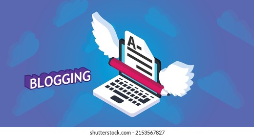 Blogging isometrisches Design-Symbol. Vektorgrafik, Web-Illustration. 3D-Farbkonzept