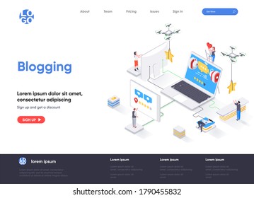 Blogging isometrische Landungsseite. Produktion von sozialen Inhalten, Netzwerkkommunikation, Internet-Posting und Messaging-Isometrie-Webseite. Website flache Vorlage, Vektorgrafik mit Menschen Zeichen.
