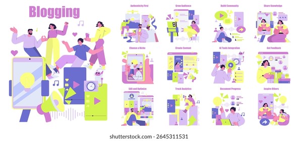 Ilustração do vetor da jornada de blogs mostrando pessoas se engajando em atividades como criação de conteúdo, crescimento de audiência e uso de tecnologia para compartilhar conhecimento e se conectar com outras pessoas.
