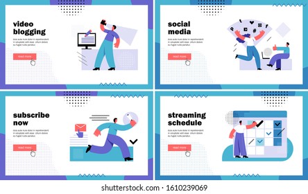 Blogging landing page set. Video blogging, Subscribe now, Social media, Streaming schedule. Flat Vector Illustration
