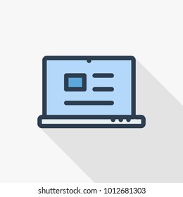 Blogging, laptop with abstract text and image concept of blog, writing email letter, document thin line flat color icon. Linear vector illustration. Pictogram isolated on white background. Colorful