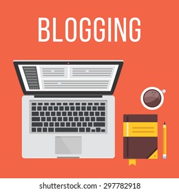 Blogging. Laptop, Notizblock, Bleistift und Kaffeetasse. Draufsicht. Flaches Design-Konzept für Webbanner, Webseiten, gedruckte Materialien, Infografiken. Kreative Vektorgrafik