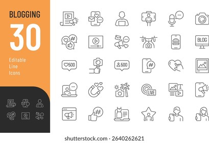 Blogging Line Editable Icons set. Vector illustration in modern thin line style of online content related icons: video, photo, influencer, and more. Isolated on transparent background.