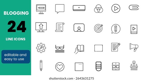 Blogging Line Editable Icons set. Vector illustration in modern and attractive thin line style of online content related icons: video, photo, influencer, and more. Isolated on a transparent background