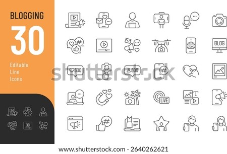 Blogging Line Editable Icons set. Vector illustration in modern thin line style of online content related icons: video, photo, influencer, and more. Isolated on transparent background.