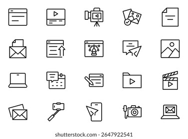 Conjunto de ícones da linha de blogs. Contendo, influenciador, conteúdo, criação, vlogger, mídias sociais, marketing digital e ícones da comunidade. Ilustração vetorial.