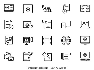 Conjunto de ícones da linha de blogs. Contendo, influenciador, conteúdo, criação, vlogger, mídias sociais, marketing digital e ícones da comunidade. Ilustração vetorial.