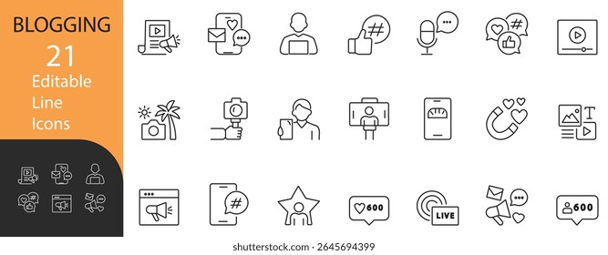 Blogging Line Icon Set — uma coleção de vetor de linha fina moderna com ícones de conteúdo on-line, como vídeo, foto, influenciador e muito mais. Isolado no plano de fundo transparente.
