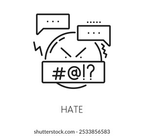 Blogging line icon, social media and multimedia content. Vector linear sign of hate with angry face and speech bubbles symbolizing negative emotions and online aggression in social media networks