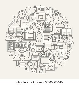 Blogging Line Icons Circle. Vector Illustration of Blog Outline Objects.