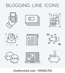 Blogging line icons. Making modern content with phone, blog design, email marketing, making money , cat funny video. Modern linear symbols.