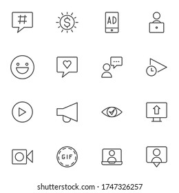 Blogging line icons set, outline vector symbol collection, linear style pictogram pack. Signs, logo illustration. Set includes icons as influencer, online streaming, comment, advertising, feedback 