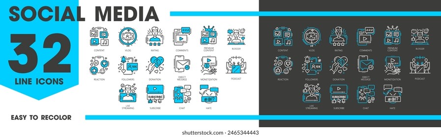 Iconos de línea de blogueo, contenido de medios sociales, transmisión en vivo y vlogging, símbolos de Vector. Video Iconos de medios sociales de seguidores de bloggers,