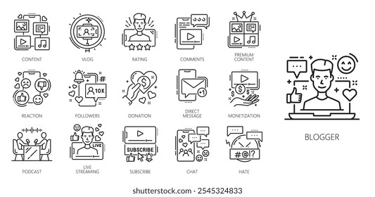 Iconos de línea de blogs, redes sociales y contenido multimedia, blog, artículo de Web y publicación en línea. Vector Internet, marketing digital y tecnologías de red esbozan símbolos de computadora portátil y blogger