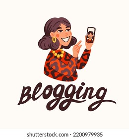 Bloguear, hacer contenido para un blog o vlog vectorial ilustración. Caricatura de Blogger o Vlogger haciendo ilustraciones planas vectoriales de contenido de internet.