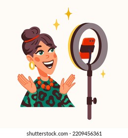 Blogging, Erstellen von Inhalten für einen Blog oder Vlog Vektorgrafik. Blogger oder Vlogger Cartoon Charakter macht Internet-Inhalt Vektorgrafik.