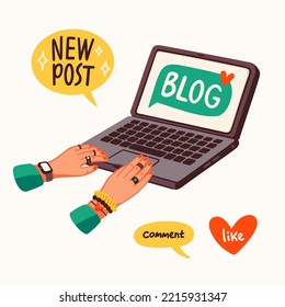 Blogging, making content for a blog or vlog vector illustration. Blogger or vlogger cartoon character making internet content vector flat illustration.