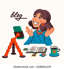 Blogging, making content for a blog or vlog vector illustration. Blogger or vlogger cartoon character making internet content vector flat illustration.