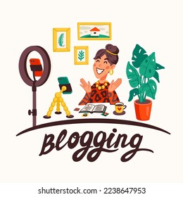 Blogging, making content for a blog or vlog vector illustration. Blogger or vlogger cartoon character making internet content vector flat illustration.