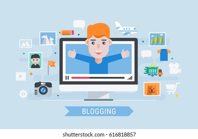 Blogging. Man blogger. Flat modern vector  illustration.